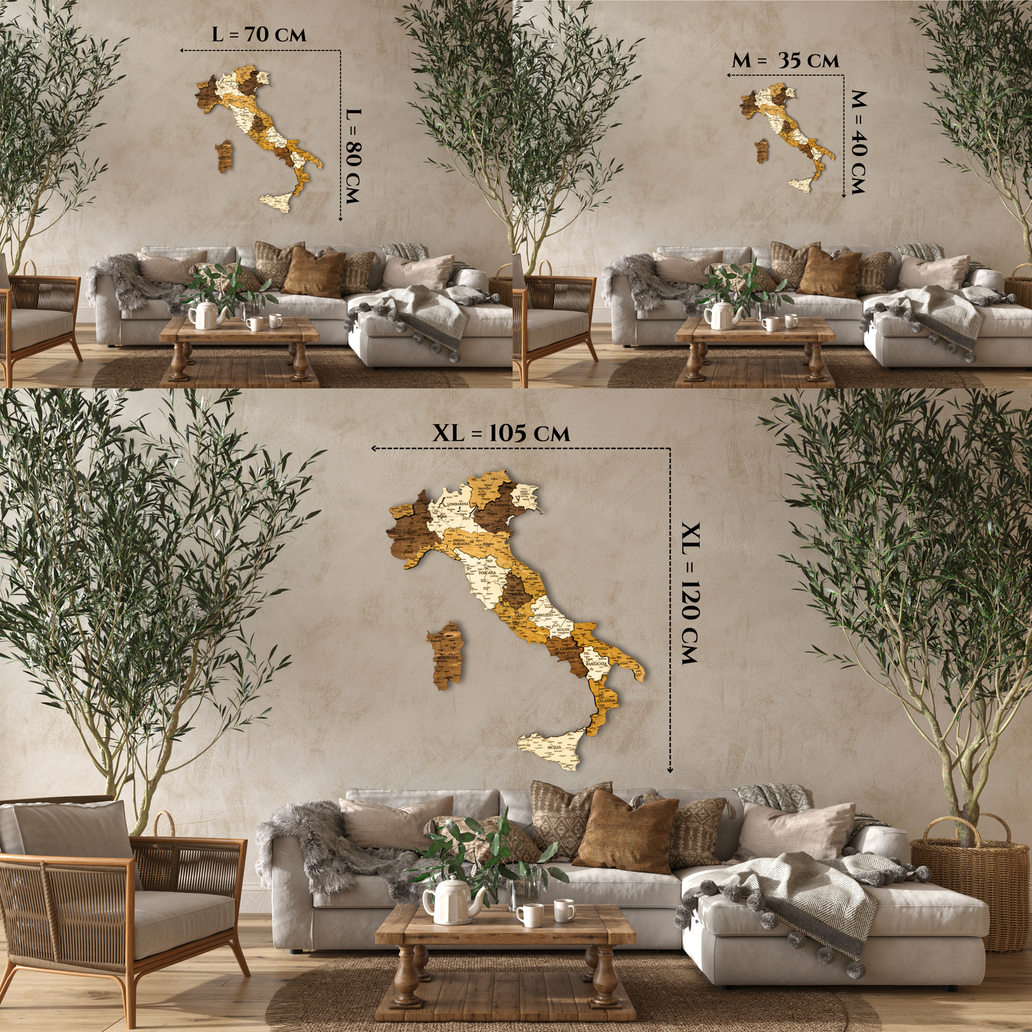 Wall art of Italy with measurements in a living room setting