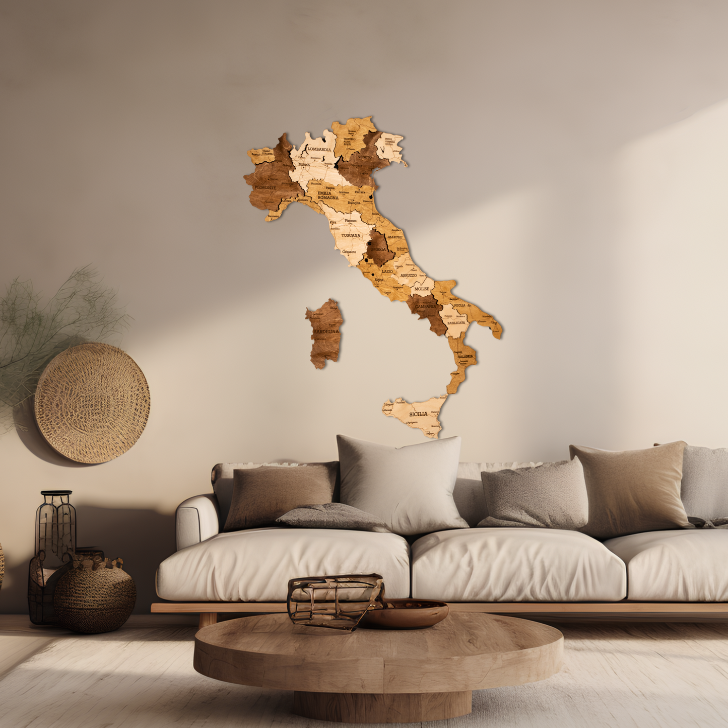 Italy 3D wooden map hanging on wall in modern living room