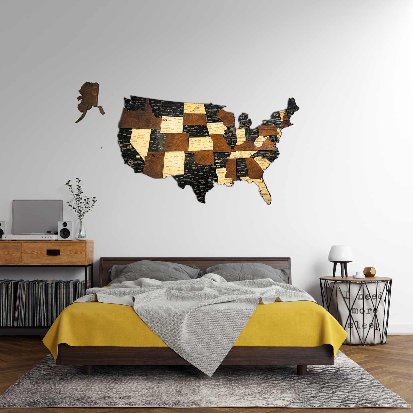 Bedroom with a wooden wall art of the United States map.