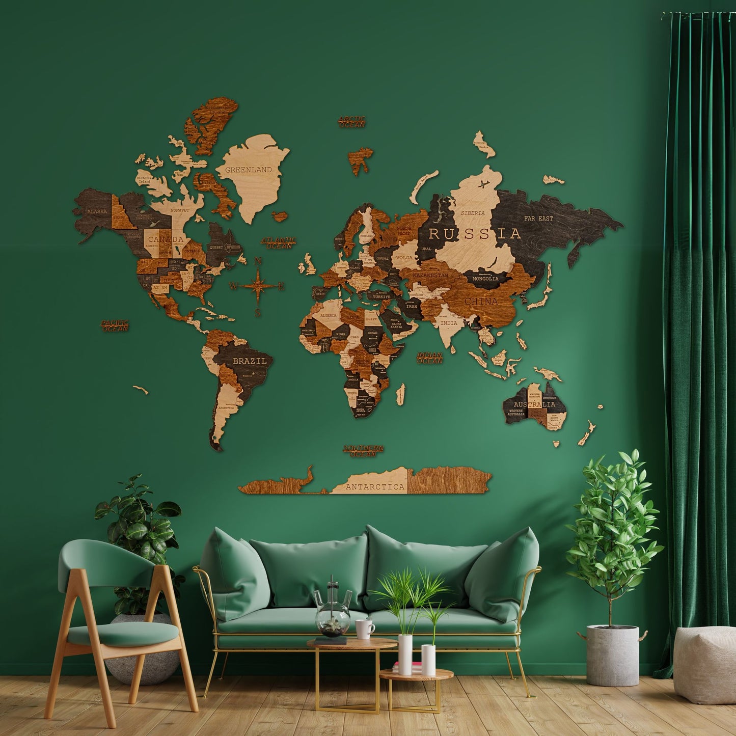 Handcrafted multilayer wooden map in obsidian finish with earth tones