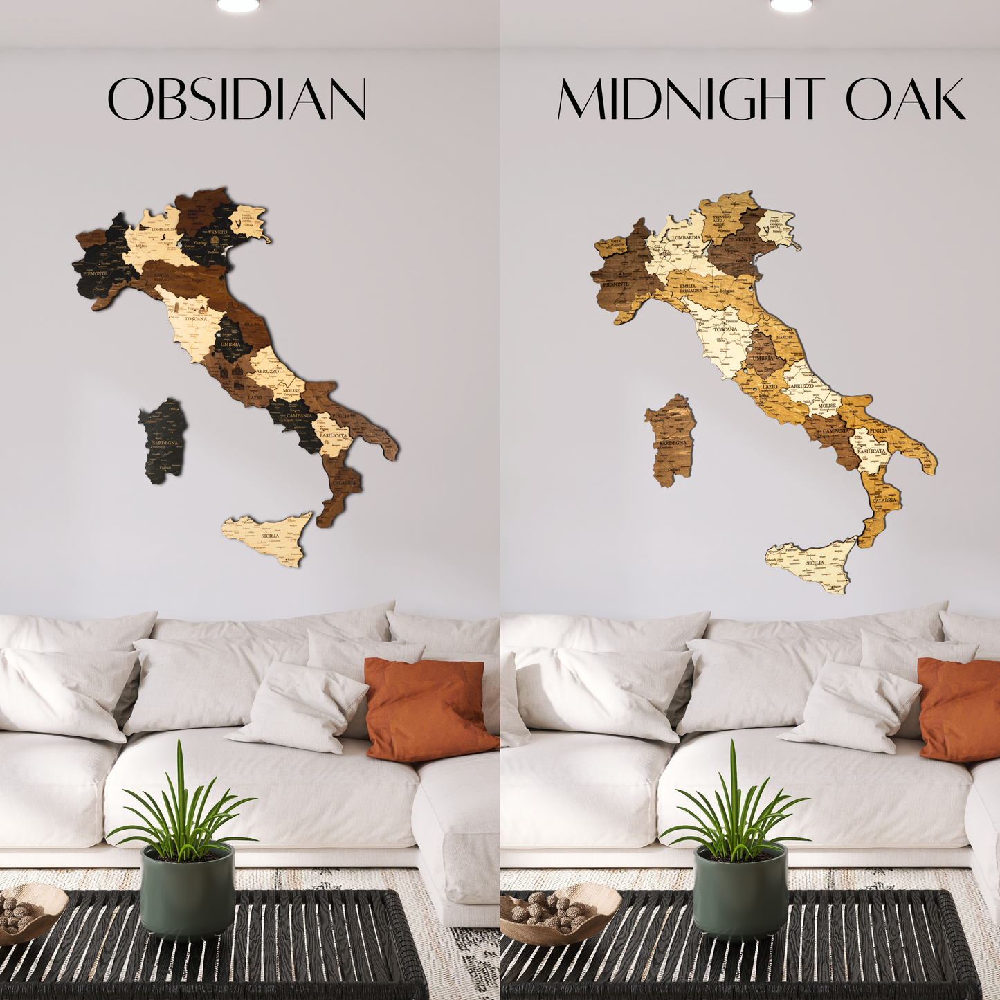 Wooden wall art of Italy in two finishes, Obsidian and Midnight Oak, on a living room wall.