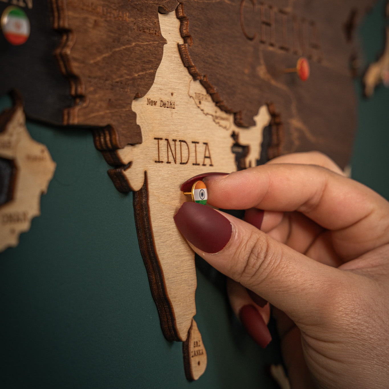 3D obsidian wooden map as wall centerpiece in minimalist decor