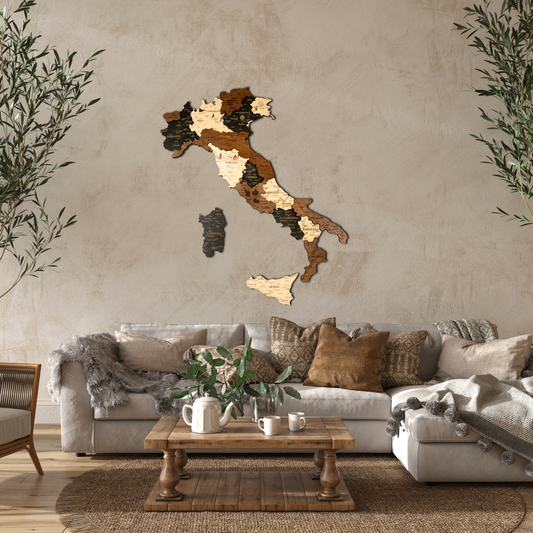 Living room with a wooden map of Italy on the wall above a sofa.