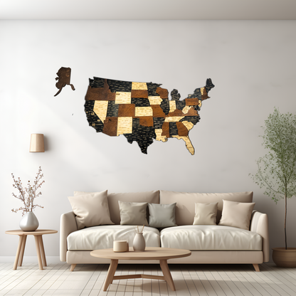 Wooden wall art of the United States in a living room setting with a beige sofa and decorative items.