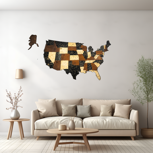 Wooden wall art of the United States in a living room setting with a beige sofa and decorative items.
