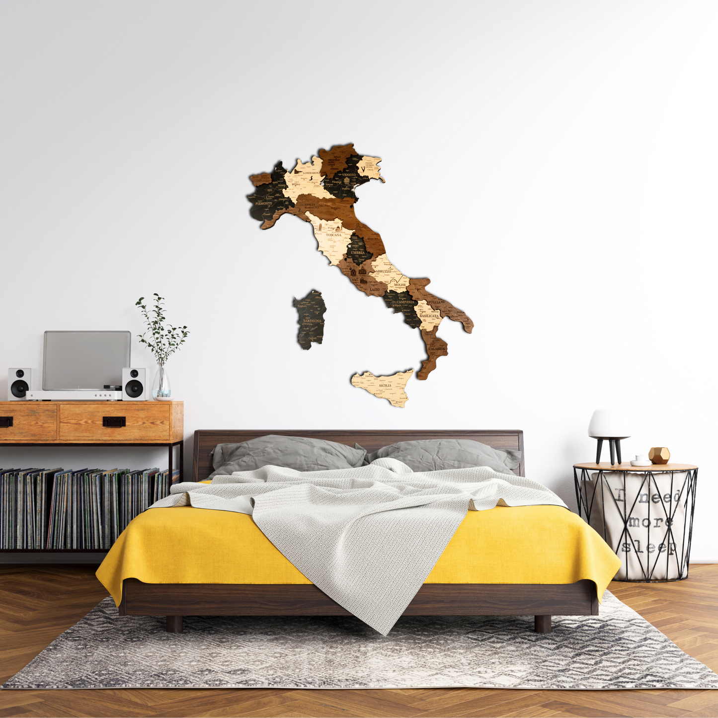 Wooden wall decoration shaped like Italy in a bedroom setting with a bed and furniture.