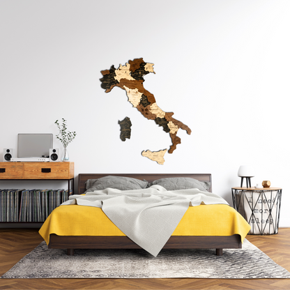 Wooden wall decoration shaped like Italy in a bedroom setting with a bed and furniture.