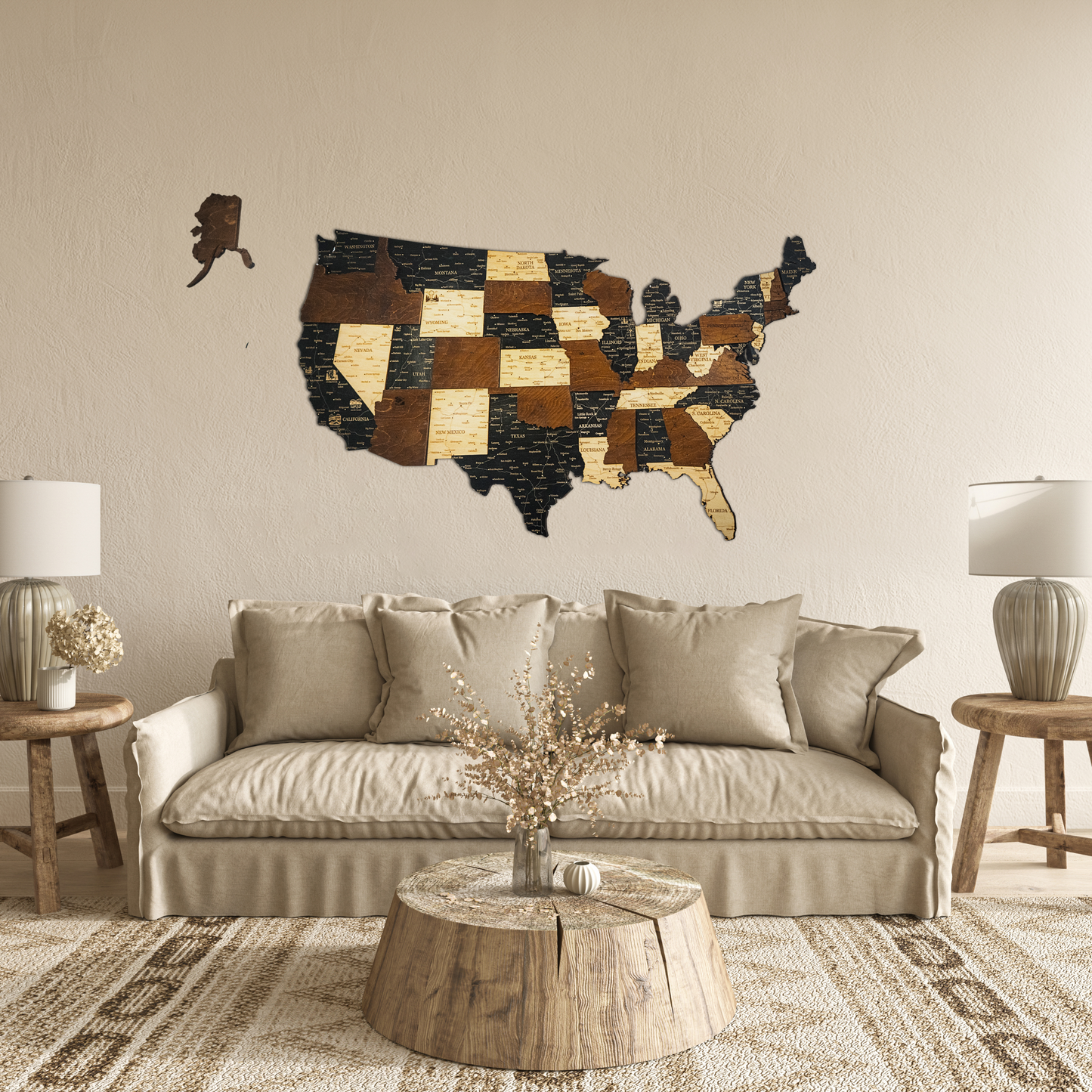Living room with a wooden wall art of the United States map above a beige sofa.